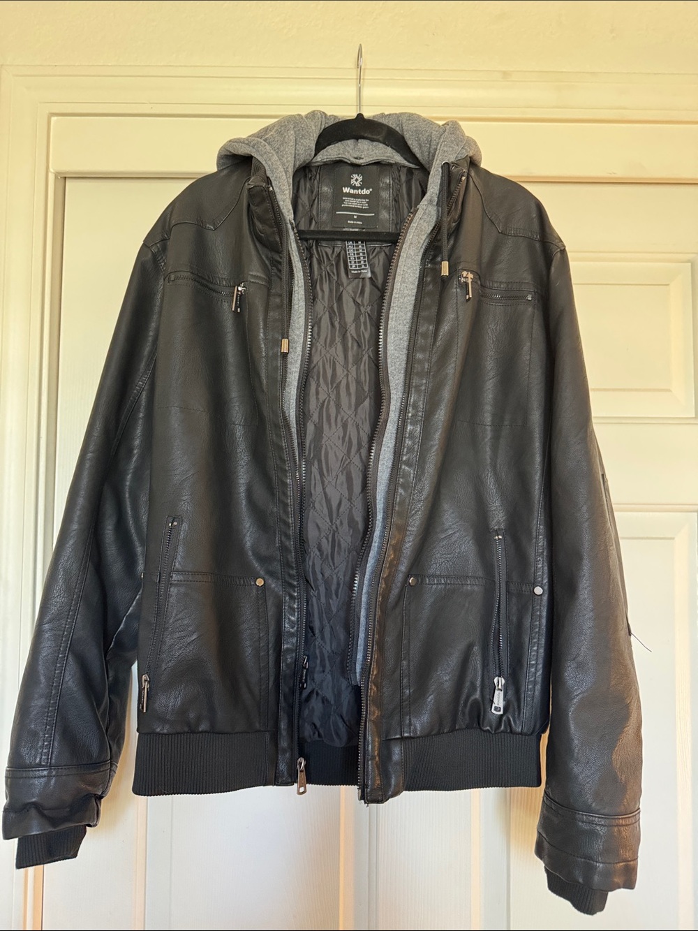 Wantdo Mens Faux Leather Jacket with Removable Hood